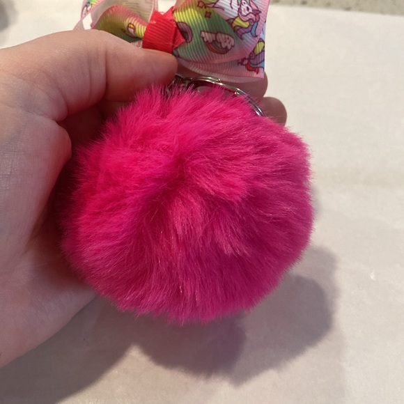 Pink Pom Pom Puff Ball Keychain with Unicorn Printed Bow - Picture 3 of 3